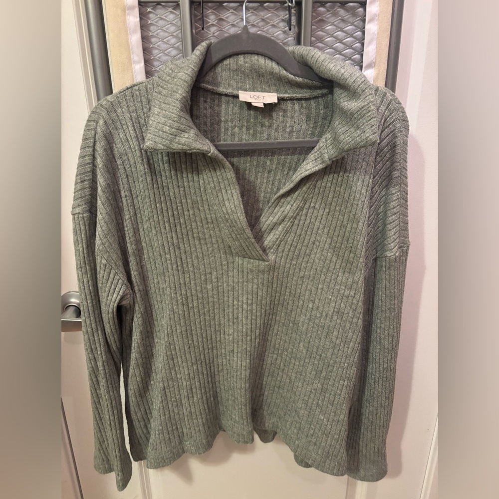 LOFT Sage Green Ribbed Open-Collar Pullover Sweater